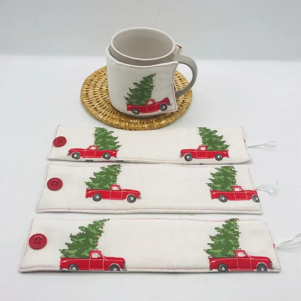 Handmade Mug Cozy, Flannel Little Red Truck, Hot Beverage Cozy, Stocking Stuffer